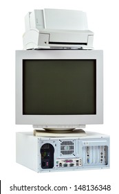 Obsolete PC Commuter, Printer And CRT Monitor. Stack Of Old, Used Computer, Monitor And Printer, Electronic Waste Isolated On White Background.