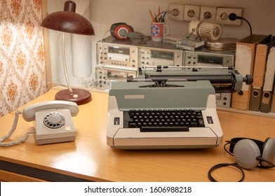 Obsolete Ring Phone And Old Type Writer In DDR Museum, Berlin, Germany