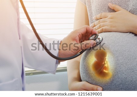 Obstetrician using stethoscope listening to heart rate of fetus, Doctor listen the abdomen of a pregnant woman for check fetal heart sound by stethoscope, Health care pregnant woman.