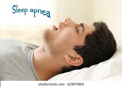 Obstructive Sleep Apnea Concept. Young Man Snoring While Sleeping