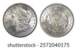 Obverse (heads) and reverse (tails) of scarce U.S. 1883-CC Morgan silver dollar isolated on white background. Uncirculated with some gold toning and considerable bag marks. Minted in Carson City, NV.