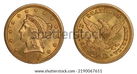 Obverse (heads) and reverse (tails) of U.S. 1903-P Liberty Head, also known as Coronet Head, quarter-eagle ($2.50 gold coin) isolated on white background. This variety was minted from 1840 to 1907.