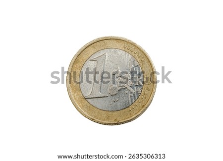 Obverse or heads side of a 1 euro coin, Overhead view showing the face value and European map design, directly above view isolated on a white background.