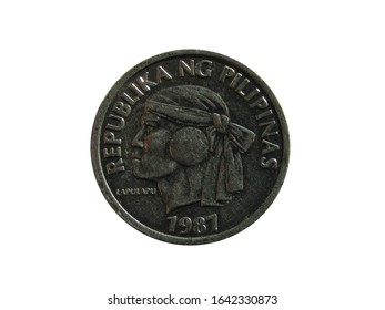 Obverse Of Philippines Coin 1 Sentimo 1987 With Inscription Meaning REPUBLIC OF PHILIPPINES And Image Of Lapulapu Chief. Isolated In White Background.