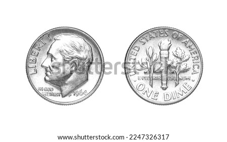 Obverse and reverse of 1964 one dime silver us coin isolated on white background