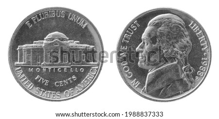 Obverse and reverse of 1988 five cents cupronickel us coin isolated on white background