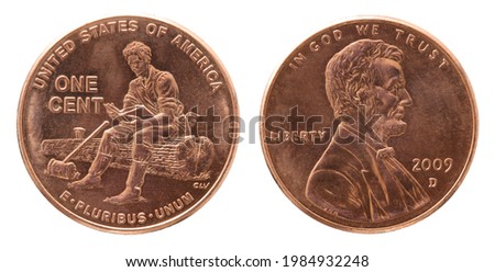 Obverse and reverse of 2009 one cent copper us coin isolated on white background