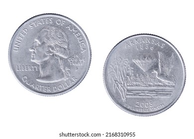 Obverse And Reverse Sides Of The Arkansas 2003P State Commemorative Quarter Isolated On A White Background