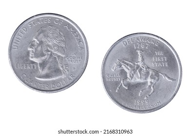 Obverse And Reverse Sides Of The Delaware 1999P State Commemorative Quarter Isolated On A White Background