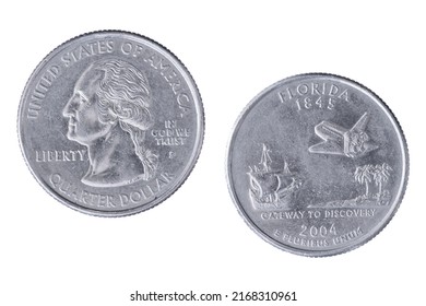 Obverse And Reverse Sides Of The Florida 2004P State Commemorative Quarter Isolated On A White Background