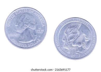 Obverse And Reverse Sides Of The Mount Rushmore National Memorial, Part Of The America The Beautiful Commemorative Quarters Program Isolated On A White Background