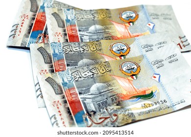 Obverse Side Of 1 KWD One Kuwaiti Dinar Bill Banknotes Feature The Image Of The Grand Mosque And A Bateel Dhow Ship, Kuwaiti Dinar Is The Currency Of The State Of Kuwait Isolated On White Background