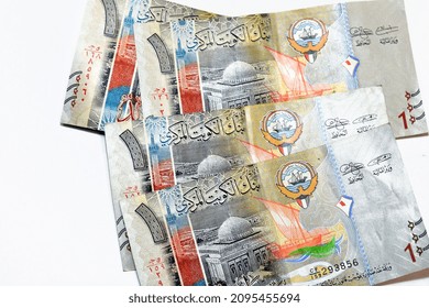 Obverse Side Of 1 KWD One Kuwaiti Dinar Bill Banknotes Feature The Image Of The Grand Mosque And A Bateel Dhow Ship, Kuwaiti Dinar Is The Currency Of The State Of Kuwait Isolated On White Background