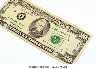 Obverse Side Of 20 Twenty Dollars Bill Banknote Money Series 1995 With The Portrait Of President Andrew Jackson, Old American Money Banknote, Vintage Retro, United States Of America Isolated On White