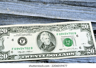 Obverse Side Of 20 Twenty Dollars Bill Banknote Money Series 1995 With The Portrait Of President Andrew Jackson, Old American Money Banknote, Vintage Retro, United States Of America Isolated On Wood