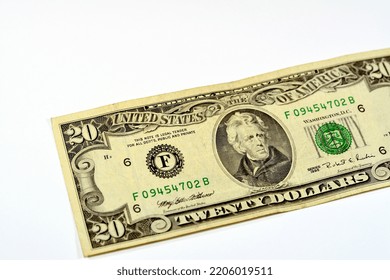 Obverse Side Of 20 Twenty Dollars Bill Banknote Money Series 1995 With The Portrait Of President Andrew Jackson, Old American Money Banknote, Vintage Retro, United States Of America Isolated On White