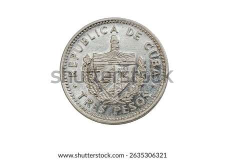 Obverse side of a 3 pesos coin featuring the Cuban coat of arms, curved legends as name of the country and face value in Spanish reads: 