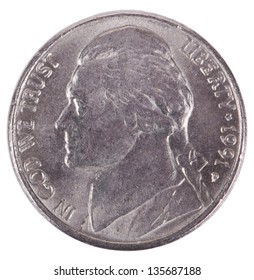 The obverse side of a USA 5 cents (nickel) coin, depicting president's Thomas Jefferson portrait. Isolated on white background.