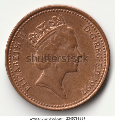 Obverse of United Kingdom 1 penny, 1997 depicting Elizabeth II (Queen of United Kingdom). Image isolated on white background.