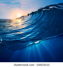ocaen-view seascape landscape Big surfing ocean wave with beautiful sunset