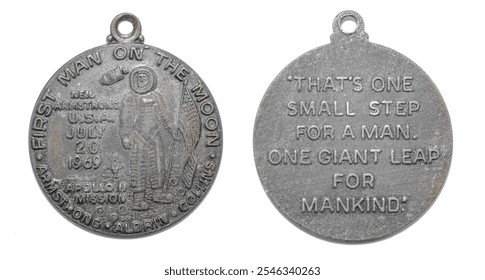 Ocala, FL 11-16-2024 1969 First Man on the Moon - One Small Step for Man Apollo 11 mission medallion Neil Armstrong, Buzz Aldrin, Collins July 20, 1969 one small step for man giant leap mankind - Powered by Shutterstock