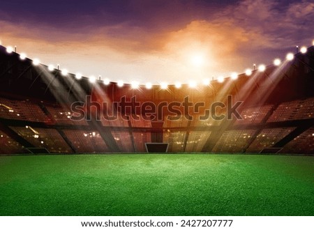 occer stadium with illumination, green grass and night sky .stadium 3d rendering .Football stadium at night. An imaginary stadium is modelled and rendered.