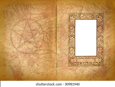 Occult Book Pages With Watermark Of An Pentagram And Ornamented Picture Frame