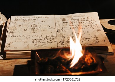 Occult White Magic Ritual Of Fire Using Grimoire, Old Book, Candles