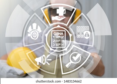 Occupational Safety And Health Administration. OSHA Checklist Documents. Industry Employee Working On Virtual Touchscreen Selects Osha Document Icon.