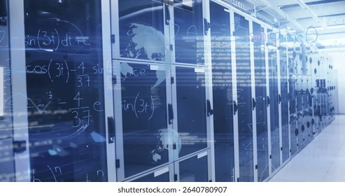 Occupying server cabinets revealing blinking hardware in data center aisle, with digital overlay. Technology, networking, data, infrastructure, digital, connectivity, futuristic