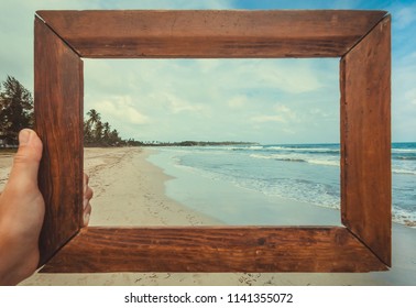 Ocean Beach Landscape In Photoframe For Memory. Tropical Climate Nature And Fantastic View On Calm Blue Waves Of Sri Lanka Or India