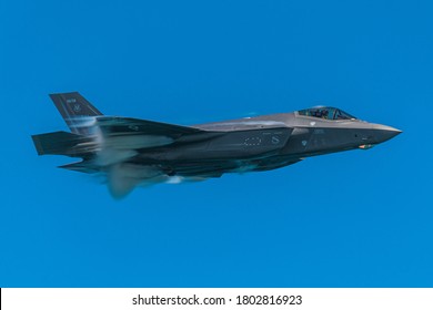 Ocean City, Maryland / USA - Aug 15, 2020: Capt Kristin Wolfe performs a high speed pass in the F-35A Lightning II