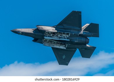 Ocean City, Maryland / USA - Aug 15, 2020: Capt Kristin Wolfe performs a fly=by exposing the bomb bay of the F-35A Lightning II