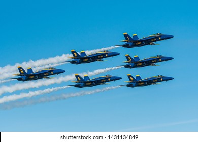 Ocean City, MD / USA - June 15, 2019: The US Navy Blue Angels Perform A Flyby