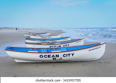 Ocean City, New Jersey/USA-July 7, 2008: Ocean City Lifeguard Boats Are Lined Up At The Beach Ready For The Upcoming Competition.