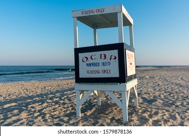 Ocean City, NJ - July 21, 2019: Ocean City Beach Patrol lifeguard stand at dusk