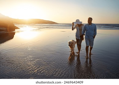 Ocean, couple and dog with walking at sunset for trust, outdoor fun and holiday together. Waves, man and woman with furry pet at beach for summer travel, weekend adventure and vacation in Cancun - Powered by Shutterstock