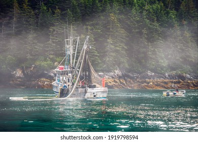 Ocean Fishing Boat Set Up The Net For Salmon In Alaska Bay