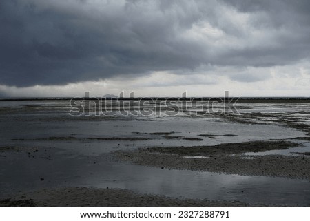 Ocean horizon landscape with dramatic storm clouds during low tide