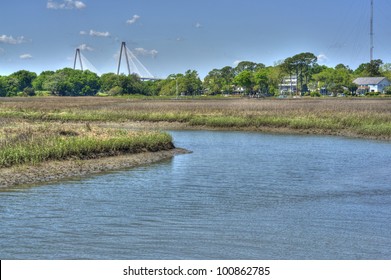 Ocean Landscape With Ravenal Bridge In Charleston, SC USA.