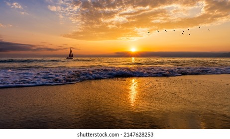 Ocean Landscape With A Silhouette Sailboat And Birds Flying Overhead High Resolution