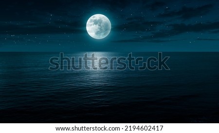 Ocean night landscape background. Full moon over ocean