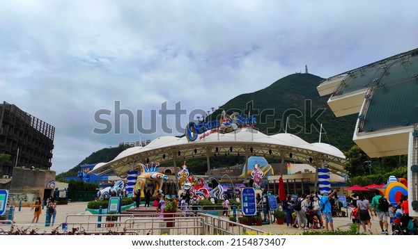 Ocean Park, Hong Kong. May 9, 2022. Ocean Park\
entrance gate view. Ocean Park is the second largest amusement park\
in Hong Kong.