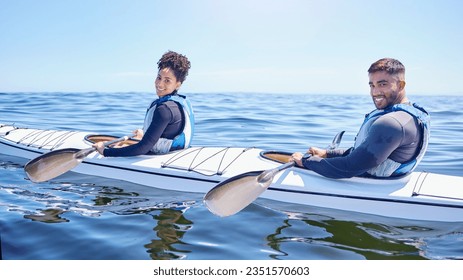 Ocean, portrait of happy man and woman in kayak at lake, beach or river for exercise challenge. Sports holiday, adventure and fitness, couple rowing in canoe for training workout and fun race at sea. - Powered by Shutterstock