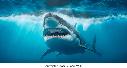 Ocean shark bottom view from below. Open toothy dangerous mouth with many teeth. Underwater blue sea waves clear water shark swims forward - Shutterstock ID 2264389447