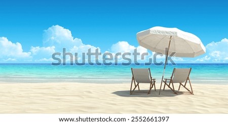 Ocean side HD wallpaper with two beach chairs, ocean, sand, and blue sky
