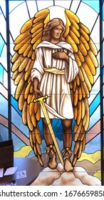 OCEAN SPRINGS, UNITED STATES - Nov 11, 2018: Stained glass image of St. Michael the Archangel taken at St. Elizabeth Seton Church.