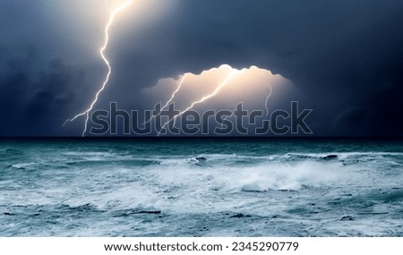 Ocean with storm, dark clouds with rain and lightning and waves.High resolution background.