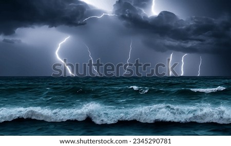 Ocean with storm, dark clouds with rain and lightning and waves.High resolution background.