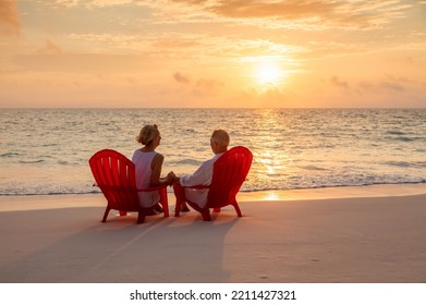 Ocean Sunrise At Tropical Beach Resort With Loving Mature Couple Enjoying Togetherness And Freedom In Retirement Bahamas